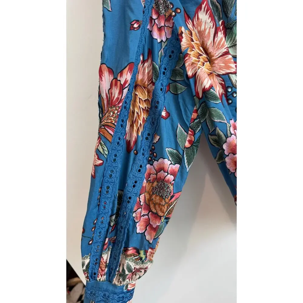Farm Rio Wonderful Bouquet Floral Blue Long Sleeve Blouse Size Small